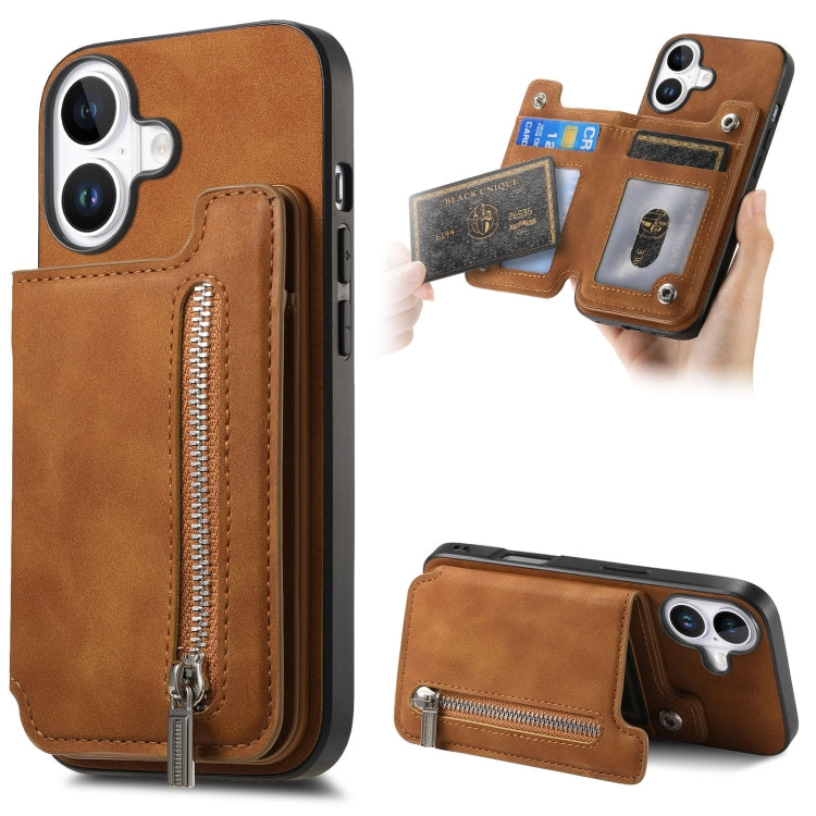 For iPhone 16 Retro MagSafe Zipper Wallet Card Bag Back Phone Case(Brown) - iPhone 16 Cases by buy2fix | Online Shopping UK | buy2fix