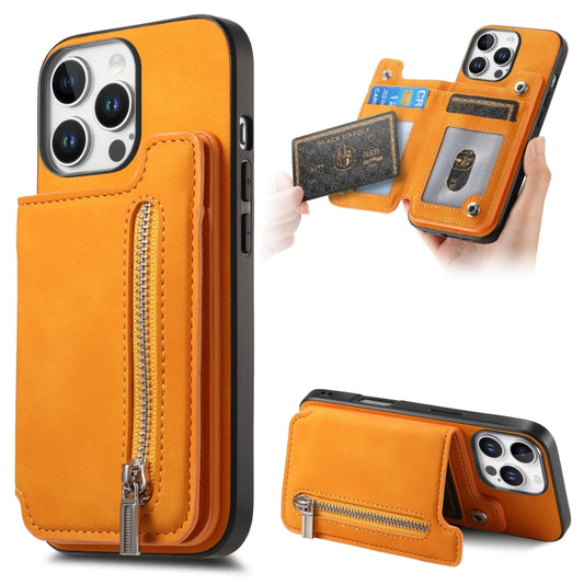 For iPhone 15 Pro Retro MagSafe Zipper Wallet Card Bag Back Phone Case(Yellow) - iPhone 15 Pro Cases by buy2fix | Online Shopping UK | buy2fix