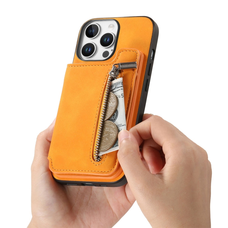For iPhone 15 Pro Retro MagSafe Zipper Wallet Card Bag Back Phone Case(Yellow) - iPhone 15 Pro Cases by buy2fix | Online Shopping UK | buy2fix