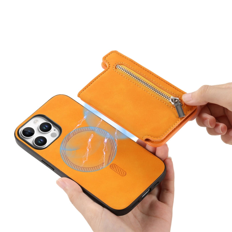For iPhone 15 Pro Retro MagSafe Zipper Wallet Card Bag Back Phone Case(Yellow) - iPhone 15 Pro Cases by buy2fix | Online Shopping UK | buy2fix