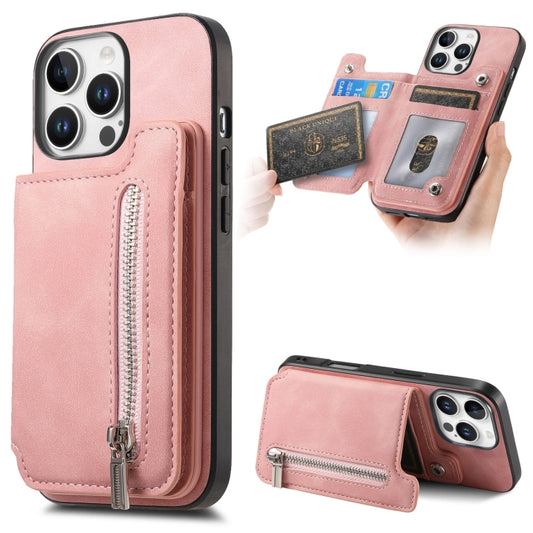 For iPhone 15 Pro Retro MagSafe Zipper Wallet Card Bag Back Phone Case(Pink) - iPhone 15 Pro Cases by buy2fix | Online Shopping UK | buy2fix
