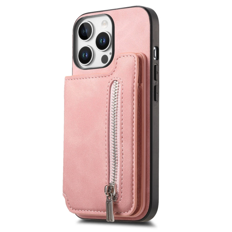 For iPhone 15 Pro Retro MagSafe Zipper Wallet Card Bag Back Phone Case(Pink) - iPhone 15 Pro Cases by buy2fix | Online Shopping UK | buy2fix