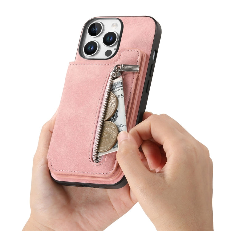 For iPhone 15 Pro Retro MagSafe Zipper Wallet Card Bag Back Phone Case(Pink) - iPhone 15 Pro Cases by buy2fix | Online Shopping UK | buy2fix