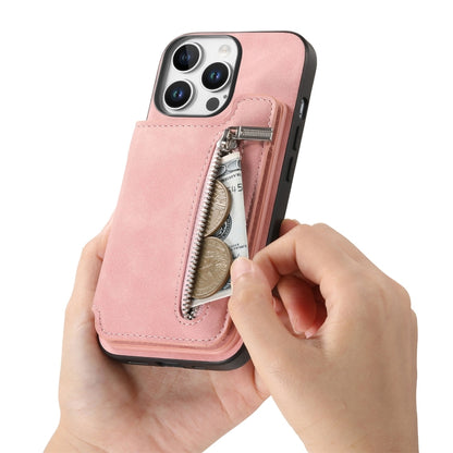 For iPhone 15 Pro Retro MagSafe Zipper Wallet Card Bag Back Phone Case(Pink) - iPhone 15 Pro Cases by buy2fix | Online Shopping UK | buy2fix