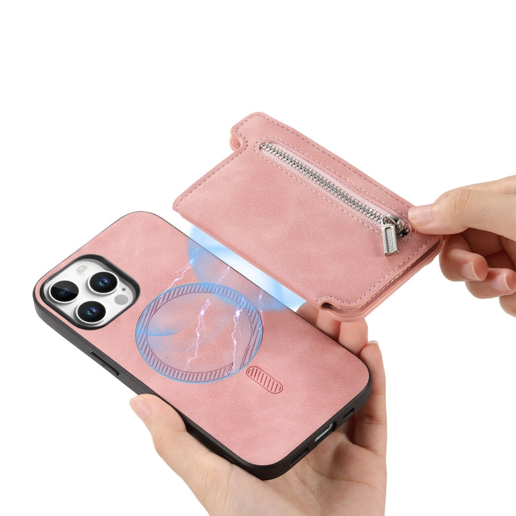 For iPhone 15 Pro Retro MagSafe Zipper Wallet Card Bag Back Phone Case(Pink) - iPhone 15 Pro Cases by buy2fix | Online Shopping UK | buy2fix