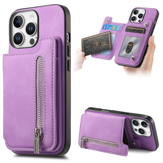 For iPhone 15 Pro Retro MagSafe Zipper Wallet Card Bag Back Phone Case(Purple) - iPhone 15 Pro Cases by buy2fix | Online Shopping UK | buy2fix