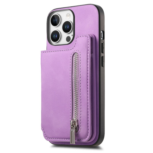 For iPhone 15 Pro Retro MagSafe Zipper Wallet Card Bag Back Phone Case(Purple) - iPhone 15 Pro Cases by buy2fix | Online Shopping UK | buy2fix