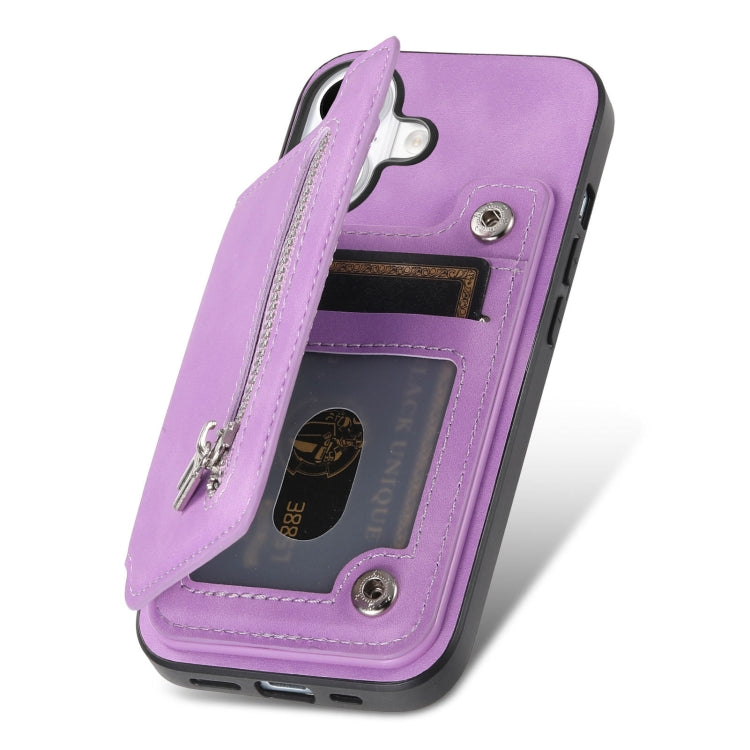 For iPhone 15 Pro Retro MagSafe Zipper Wallet Card Bag Back Phone Case(Purple) - iPhone 15 Pro Cases by buy2fix | Online Shopping UK | buy2fix