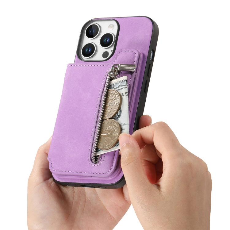 For iPhone 15 Pro Retro MagSafe Zipper Wallet Card Bag Back Phone Case(Purple) - iPhone 15 Pro Cases by buy2fix | Online Shopping UK | buy2fix