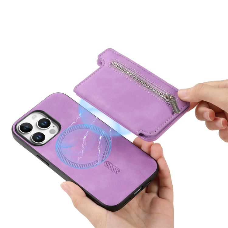 For iPhone 15 Pro Retro MagSafe Zipper Wallet Card Bag Back Phone Case(Purple) - iPhone 15 Pro Cases by buy2fix | Online Shopping UK | buy2fix