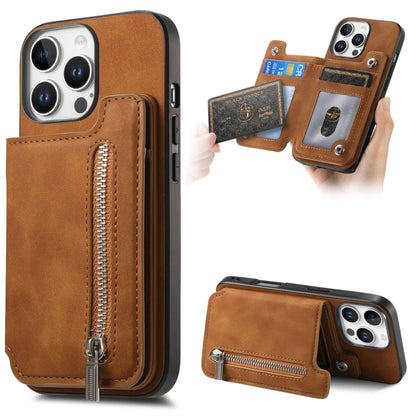For iPhone 15 Pro Retro MagSafe Zipper Wallet Card Bag Back Phone Case(Brown) - iPhone 15 Pro Cases by buy2fix | Online Shopping UK | buy2fix