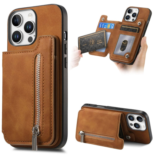 For iPhone 15 Pro Retro MagSafe Zipper Wallet Card Bag Back Phone Case(Brown) - iPhone 15 Pro Cases by buy2fix | Online Shopping UK | buy2fix