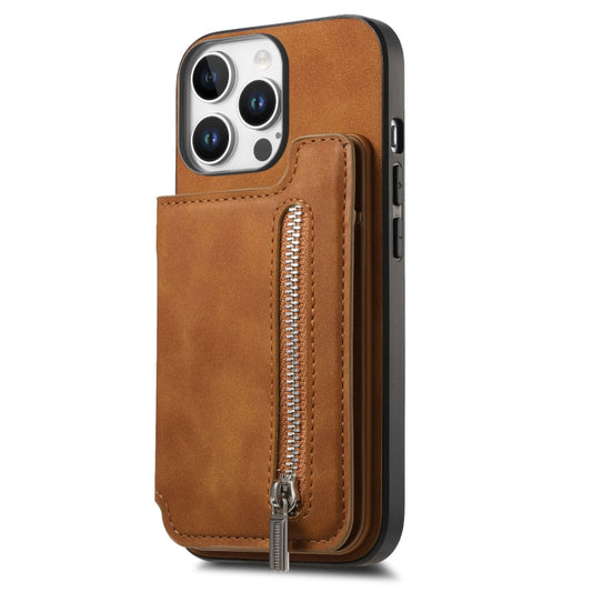 For iPhone 15 Pro Retro MagSafe Zipper Wallet Card Bag Back Phone Case(Brown) - iPhone 15 Pro Cases by buy2fix | Online Shopping UK | buy2fix