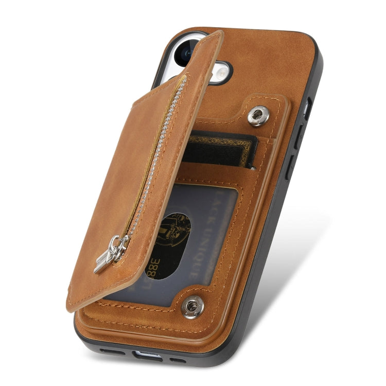 For iPhone 15 Pro Retro MagSafe Zipper Wallet Card Bag Back Phone Case(Brown) - iPhone 15 Pro Cases by buy2fix | Online Shopping UK | buy2fix