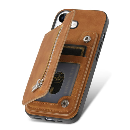 For iPhone 15 Pro Retro MagSafe Zipper Wallet Card Bag Back Phone Case(Brown) - iPhone 15 Pro Cases by buy2fix | Online Shopping UK | buy2fix