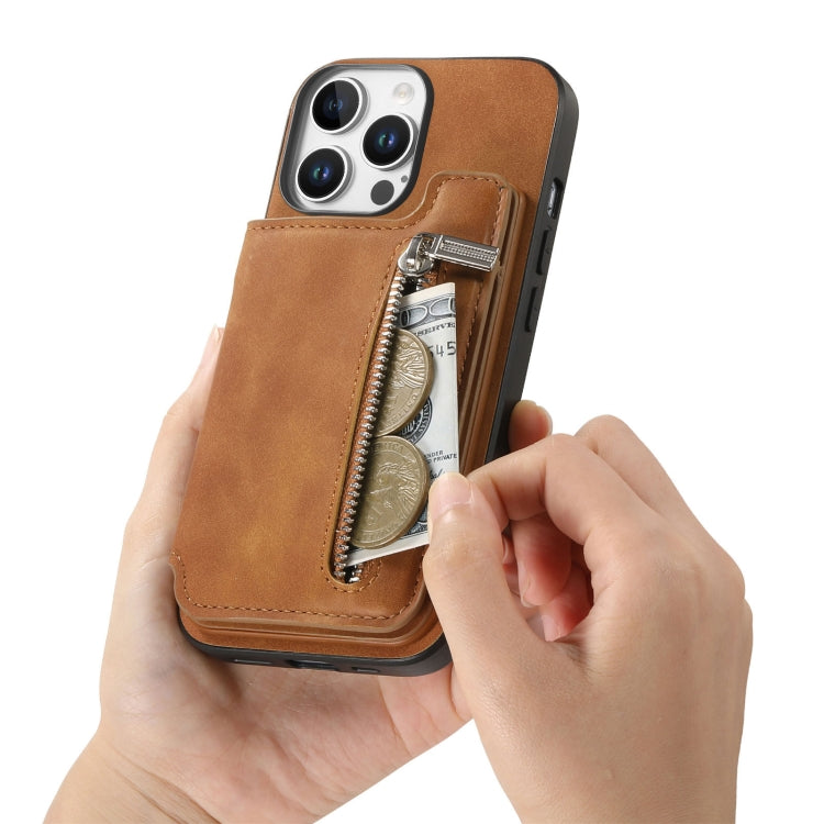 For iPhone 15 Pro Retro MagSafe Zipper Wallet Card Bag Back Phone Case(Brown) - iPhone 15 Pro Cases by buy2fix | Online Shopping UK | buy2fix