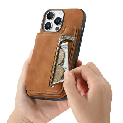 For iPhone 15 Pro Retro MagSafe Zipper Wallet Card Bag Back Phone Case(Brown) - iPhone 15 Pro Cases by buy2fix | Online Shopping UK | buy2fix