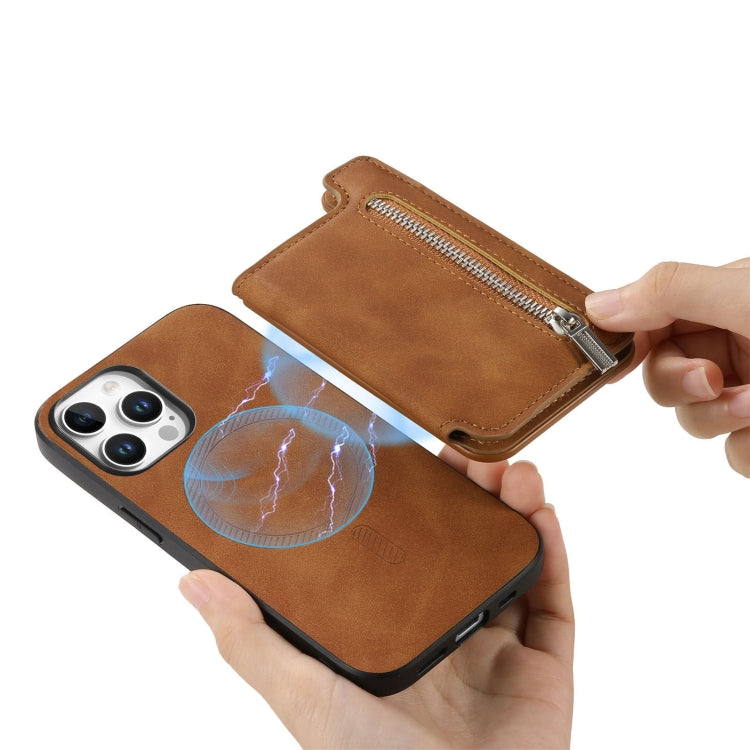 For iPhone 15 Pro Retro MagSafe Zipper Wallet Card Bag Back Phone Case(Brown) - iPhone 15 Pro Cases by buy2fix | Online Shopping UK | buy2fix