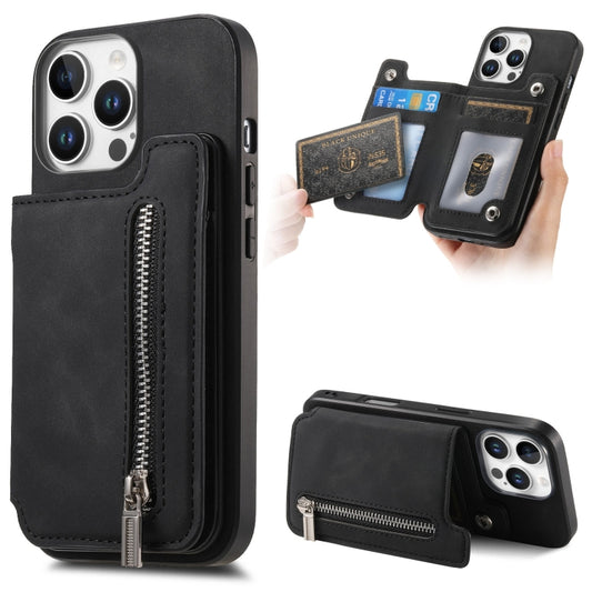 For iPhone 15 Pro Retro MagSafe Zipper Wallet Card Bag Back Phone Case(Black) - iPhone 15 Pro Cases by buy2fix | Online Shopping UK | buy2fix