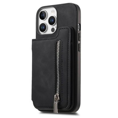 For iPhone 15 Pro Retro MagSafe Zipper Wallet Card Bag Back Phone Case(Black) - iPhone 15 Pro Cases by buy2fix | Online Shopping UK | buy2fix