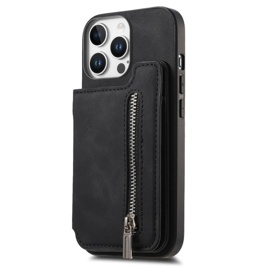 For iPhone 15 Pro Retro MagSafe Zipper Wallet Card Bag Back Phone Case(Black) - iPhone 15 Pro Cases by buy2fix | Online Shopping UK | buy2fix