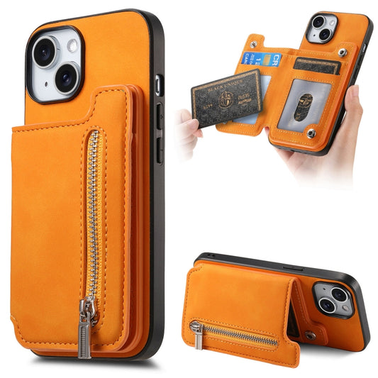 For iPhone 15 Retro MagSafe Zipper Wallet Card Bag Back Phone Case(Yellow) - iPhone 15 Cases by buy2fix | Online Shopping UK | buy2fix