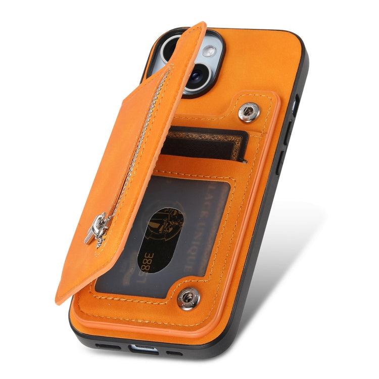 For iPhone 15 Retro MagSafe Zipper Wallet Card Bag Back Phone Case(Yellow) - iPhone 15 Cases by buy2fix | Online Shopping UK | buy2fix