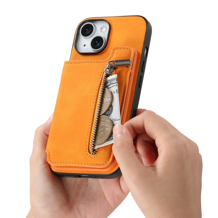 For iPhone 15 Retro MagSafe Zipper Wallet Card Bag Back Phone Case(Yellow) - iPhone 15 Cases by buy2fix | Online Shopping UK | buy2fix