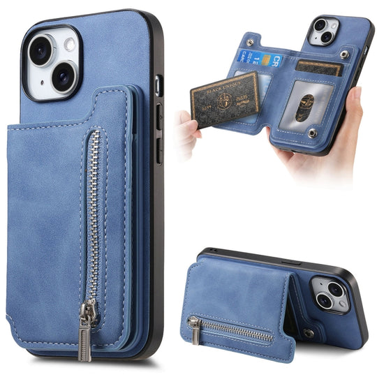 For iPhone 15 Retro MagSafe Zipper Wallet Card Bag Back Phone Case(Blue)