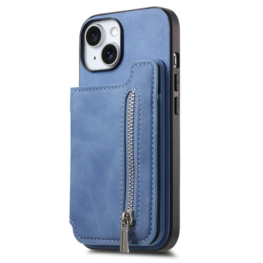 For iPhone 15 Retro MagSafe Zipper Wallet Card Bag Back Phone Case(Blue) - iPhone 15 Cases by buy2fix | Online Shopping UK | buy2fix