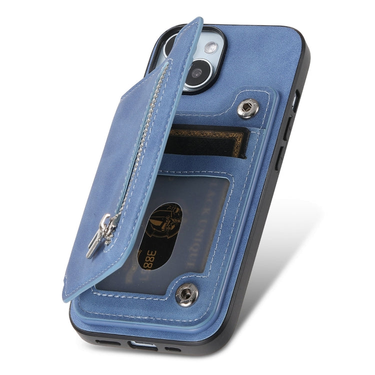 For iPhone 15 Retro MagSafe Zipper Wallet Card Bag Back Phone Case(Blue) - iPhone 15 Cases by buy2fix | Online Shopping UK | buy2fix