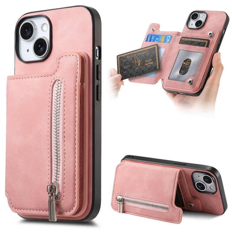 For iPhone 15 Retro MagSafe Zipper Wallet Card Bag Back Phone Case(Pink) - iPhone 15 Cases by buy2fix | Online Shopping UK | buy2fix