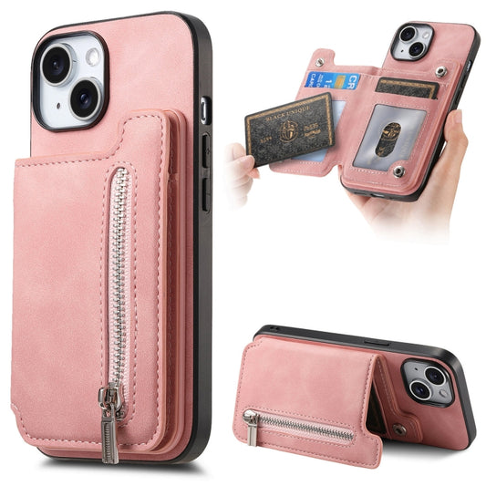 For iPhone 15 Retro MagSafe Zipper Wallet Card Bag Back Phone Case(Pink) - iPhone 15 Cases by buy2fix | Online Shopping UK | buy2fix