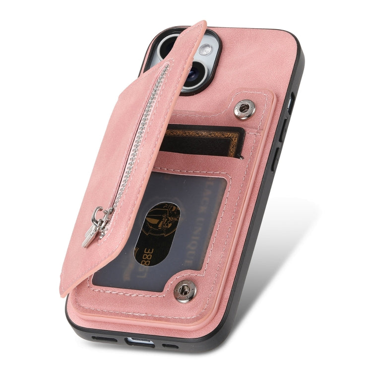 For iPhone 15 Retro MagSafe Zipper Wallet Card Bag Back Phone Case(Pink) - iPhone 15 Cases by buy2fix | Online Shopping UK | buy2fix