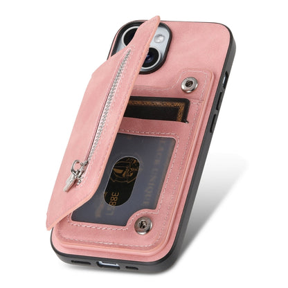 For iPhone 15 Retro MagSafe Zipper Wallet Card Bag Back Phone Case(Pink) - iPhone 15 Cases by buy2fix | Online Shopping UK | buy2fix