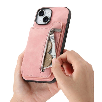 For iPhone 15 Retro MagSafe Zipper Wallet Card Bag Back Phone Case(Pink) - iPhone 15 Cases by buy2fix | Online Shopping UK | buy2fix
