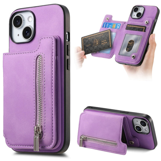For iPhone 15 Retro MagSafe Zipper Wallet Card Bag Back Phone Case(Purple) - iPhone 15 Cases by buy2fix | Online Shopping UK | buy2fix