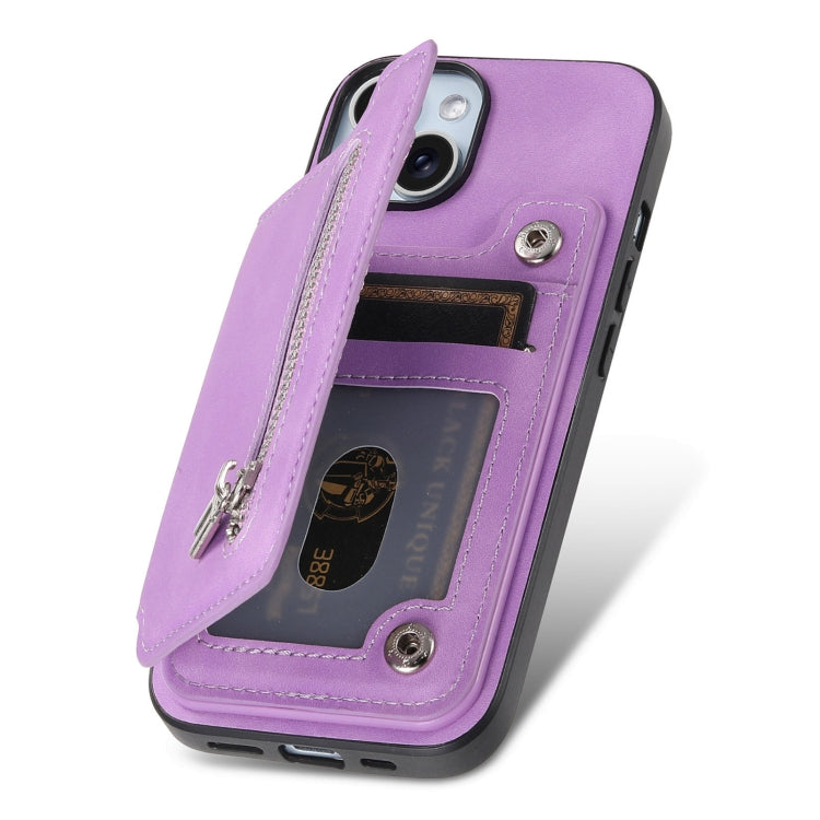 For iPhone 15 Retro MagSafe Zipper Wallet Card Bag Back Phone Case(Purple) - iPhone 15 Cases by buy2fix | Online Shopping UK | buy2fix
