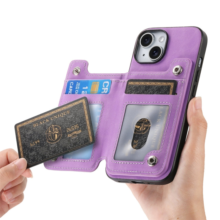 For iPhone 15 Retro MagSafe Zipper Wallet Card Bag Back Phone Case(Purple) - iPhone 15 Cases by buy2fix | Online Shopping UK | buy2fix