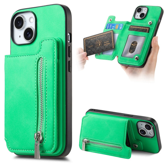 For iPhone 15 Retro MagSafe Zipper Wallet Card Bag Back Phone Case(Green) - iPhone 15 Cases by buy2fix | Online Shopping UK | buy2fix