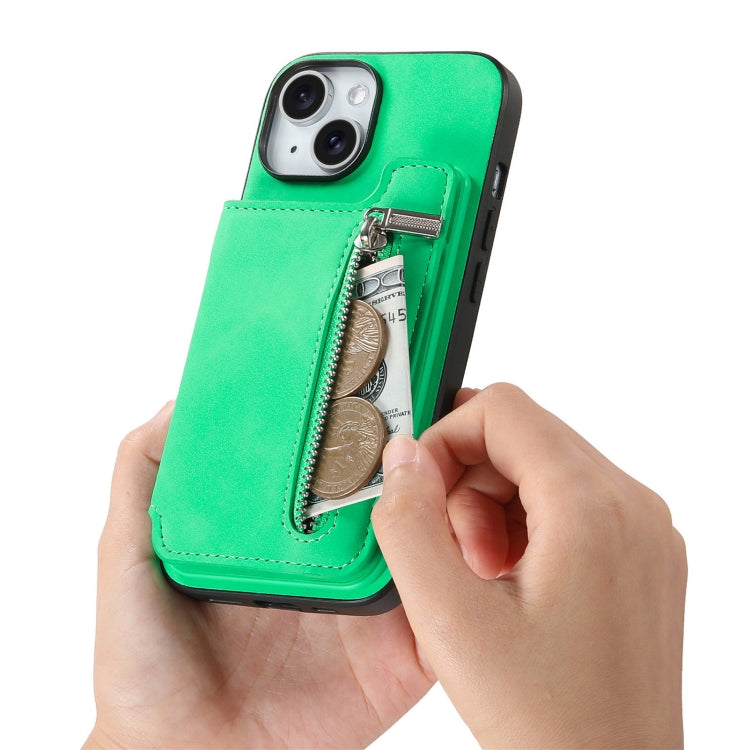 For iPhone 15 Retro MagSafe Zipper Wallet Card Bag Back Phone Case(Green) - iPhone 15 Cases by buy2fix | Online Shopping UK | buy2fix