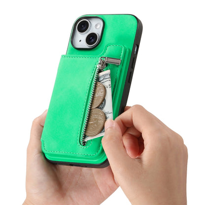 For iPhone 15 Retro MagSafe Zipper Wallet Card Bag Back Phone Case(Green) - iPhone 15 Cases by buy2fix | Online Shopping UK | buy2fix