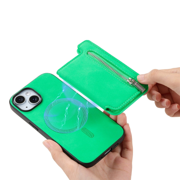 For iPhone 15 Retro MagSafe Zipper Wallet Card Bag Back Phone Case(Green) - iPhone 15 Cases by buy2fix | Online Shopping UK | buy2fix