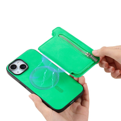 For iPhone 15 Retro MagSafe Zipper Wallet Card Bag Back Phone Case(Green) - iPhone 15 Cases by buy2fix | Online Shopping UK | buy2fix