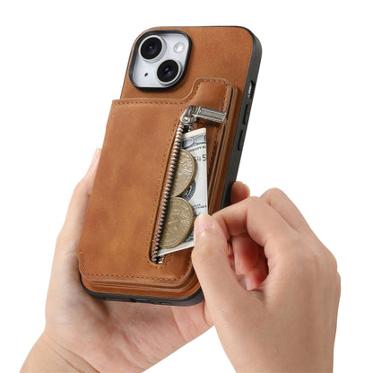 For iPhone 15 Retro MagSafe Zipper Wallet Card Bag Back Phone Case(Brown) - iPhone 15 Cases by buy2fix | Online Shopping UK | buy2fix