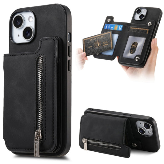 For iPhone 15 Retro MagSafe Zipper Wallet Card Bag Back Phone Case(Black) - iPhone 15 Cases by buy2fix | Online Shopping UK | buy2fix