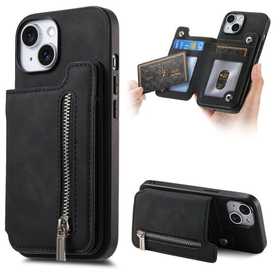 For iPhone 15 Retro MagSafe Zipper Wallet Card Bag Back Phone Case(Black)