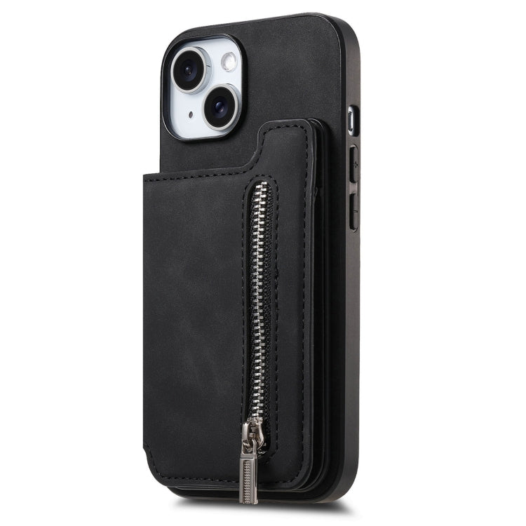 For iPhone 15 Retro MagSafe Zipper Wallet Card Bag Back Phone Case(Black) - iPhone 15 Cases by buy2fix | Online Shopping UK | buy2fix