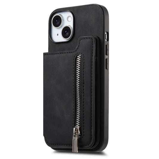 For iPhone 15 Retro MagSafe Zipper Wallet Card Bag Back Phone Case(Black) - iPhone 15 Cases by buy2fix | Online Shopping UK | buy2fix