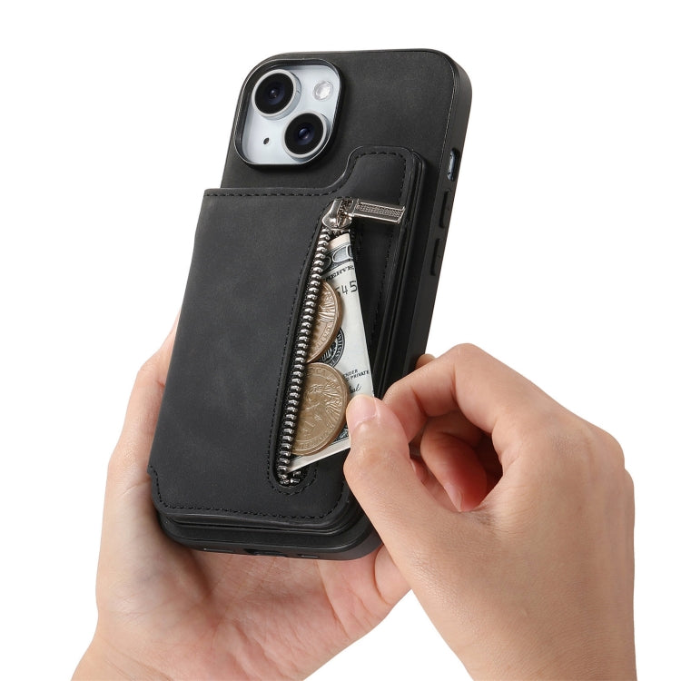 For iPhone 15 Retro MagSafe Zipper Wallet Card Bag Back Phone Case(Black) - iPhone 15 Cases by buy2fix | Online Shopping UK | buy2fix